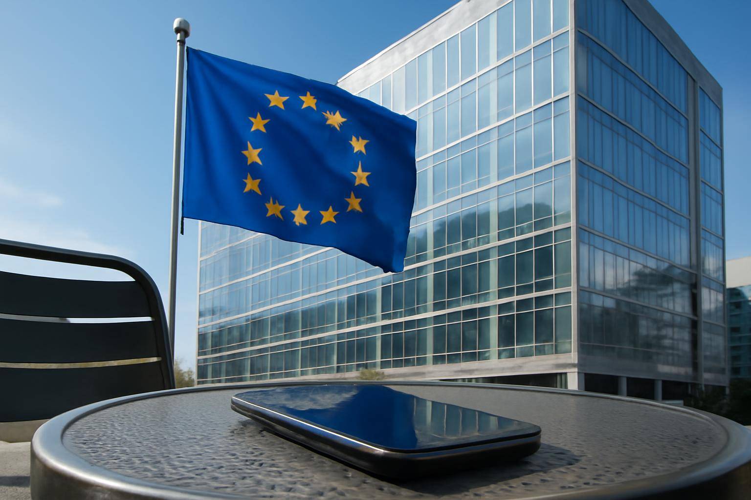 European Union flag flying beside a glass office building with a smartphone showing app icons resting on a table in the foreground