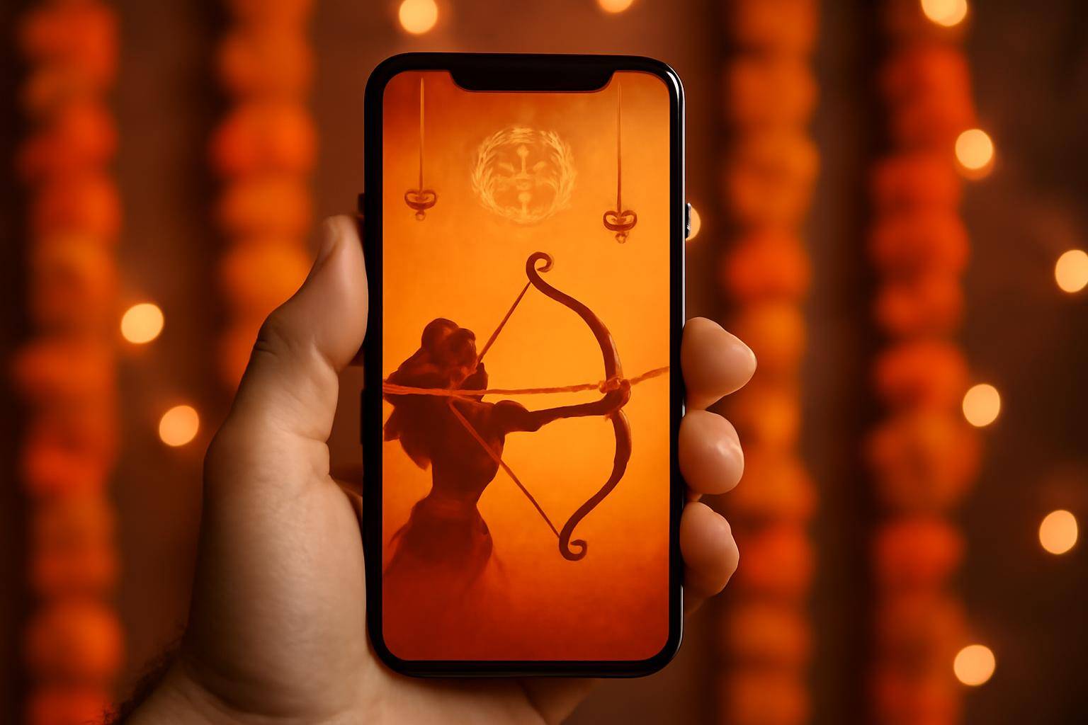 A smartphone screen showing a festive Dussehra greeting image with a text overlay, held against a background of marigold garlands