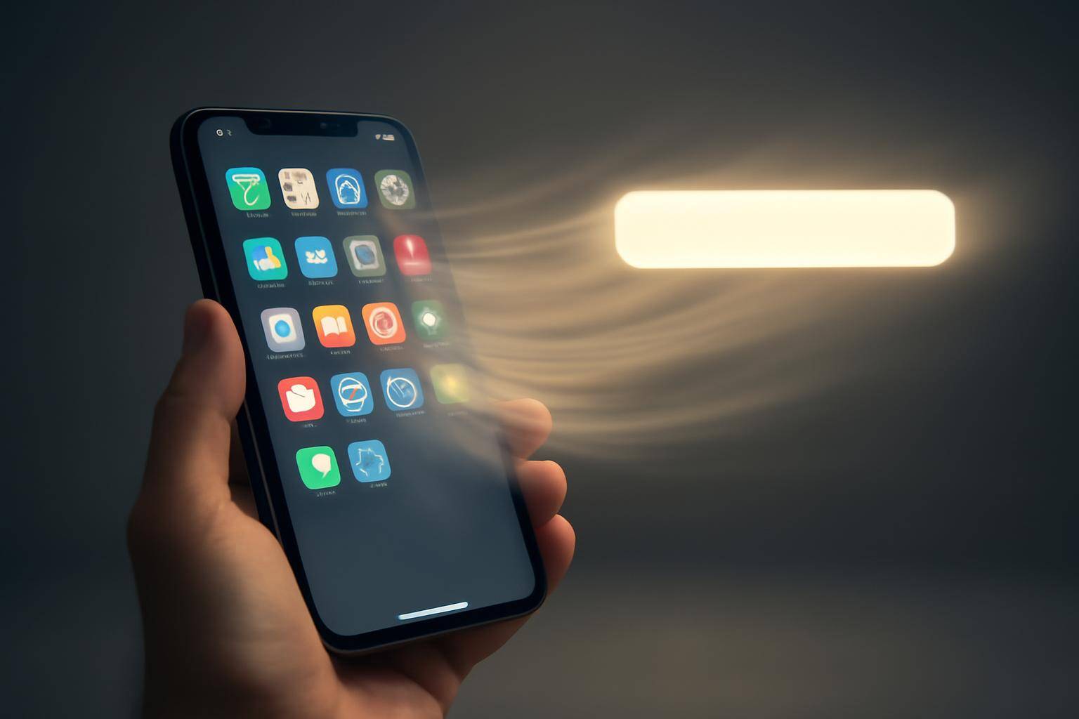 A smartphone home screen with app icons dissolving into a single glowing chat input bar