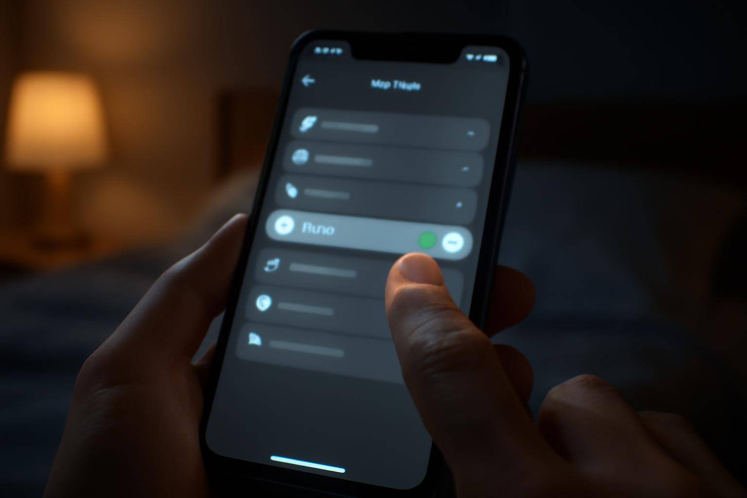 A hand adjusting the Focus mode toggle in iPhone Settings at night