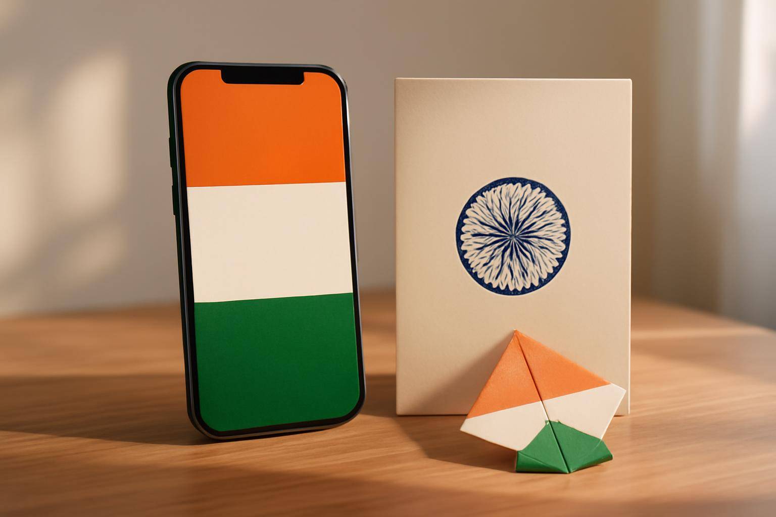 Smartphone showing a tricolor Instagram Story template beside a printed Republic Day greeting card on a wooden desk