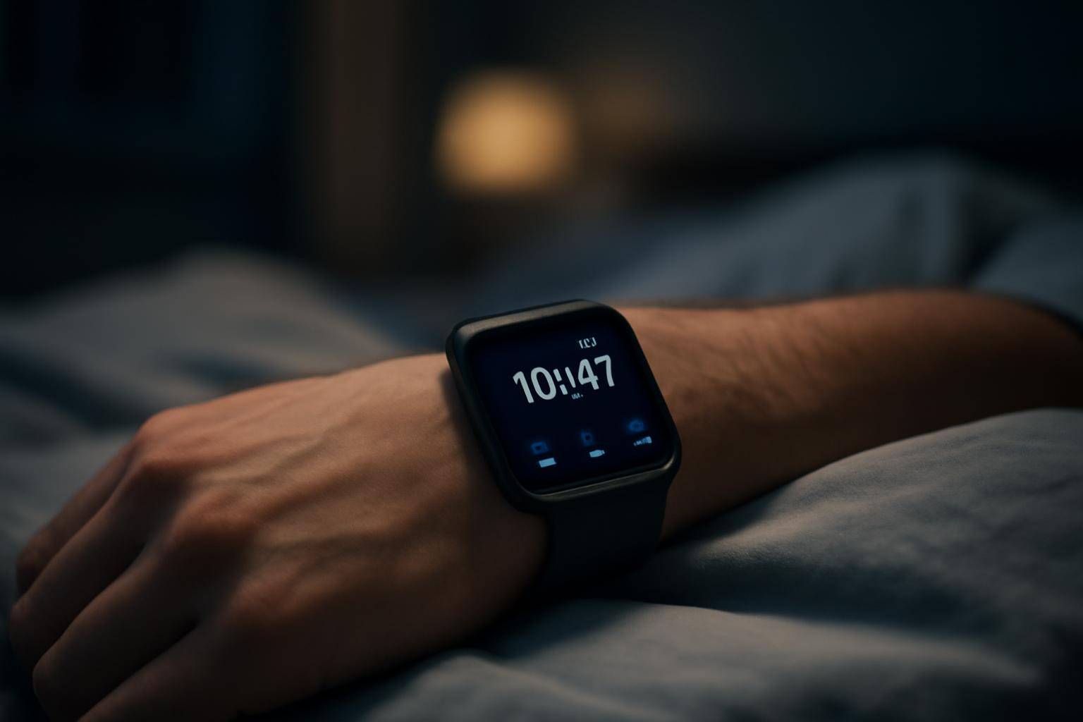 A person's wrist wearing a smartwatch resting on a pillow in a dim bedroom at night