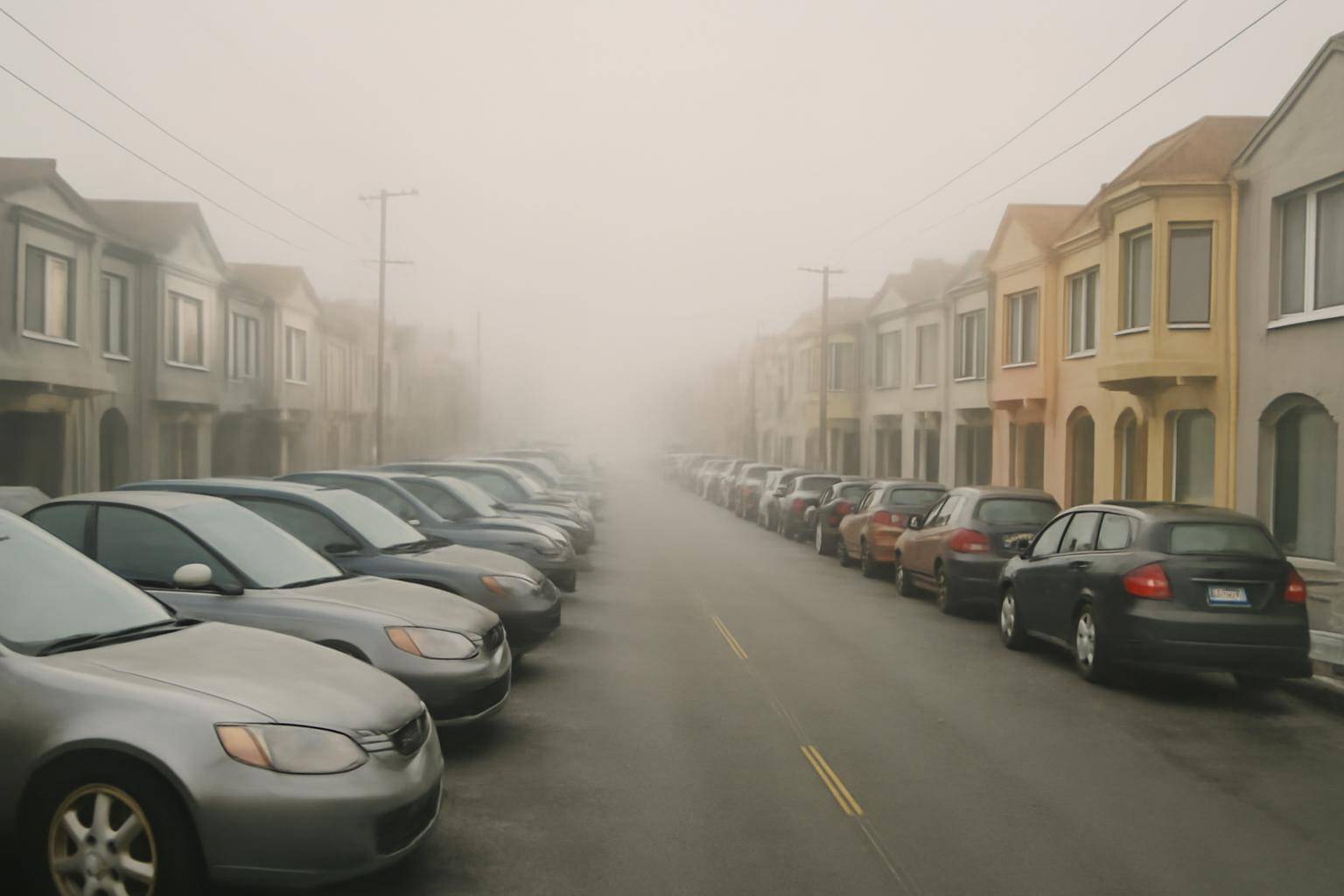 Cars parked at an angle along a foggy San Francisco residential street