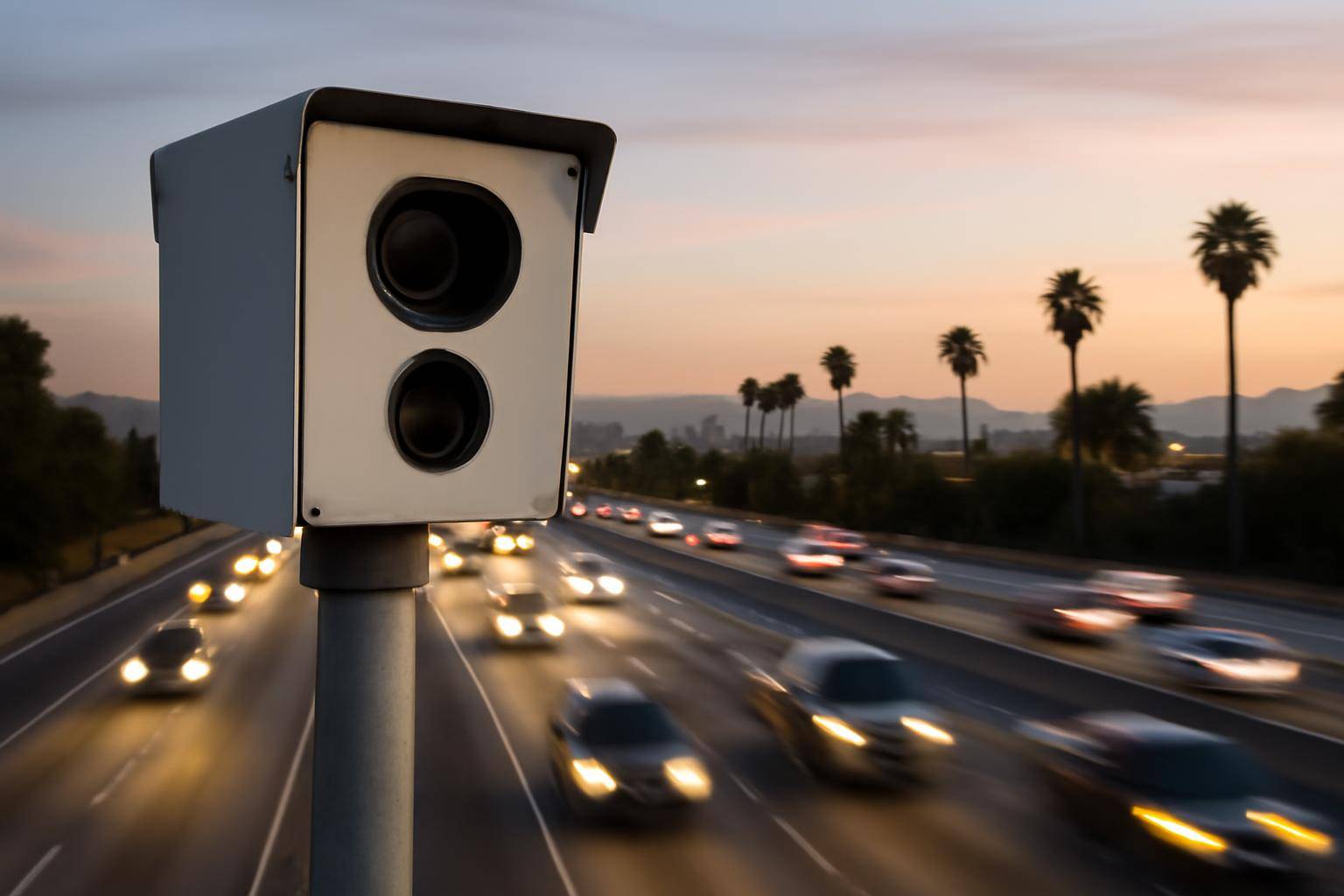 A roadside speed camera mounted on a pole above a busy multi-lane California highway at dusk
