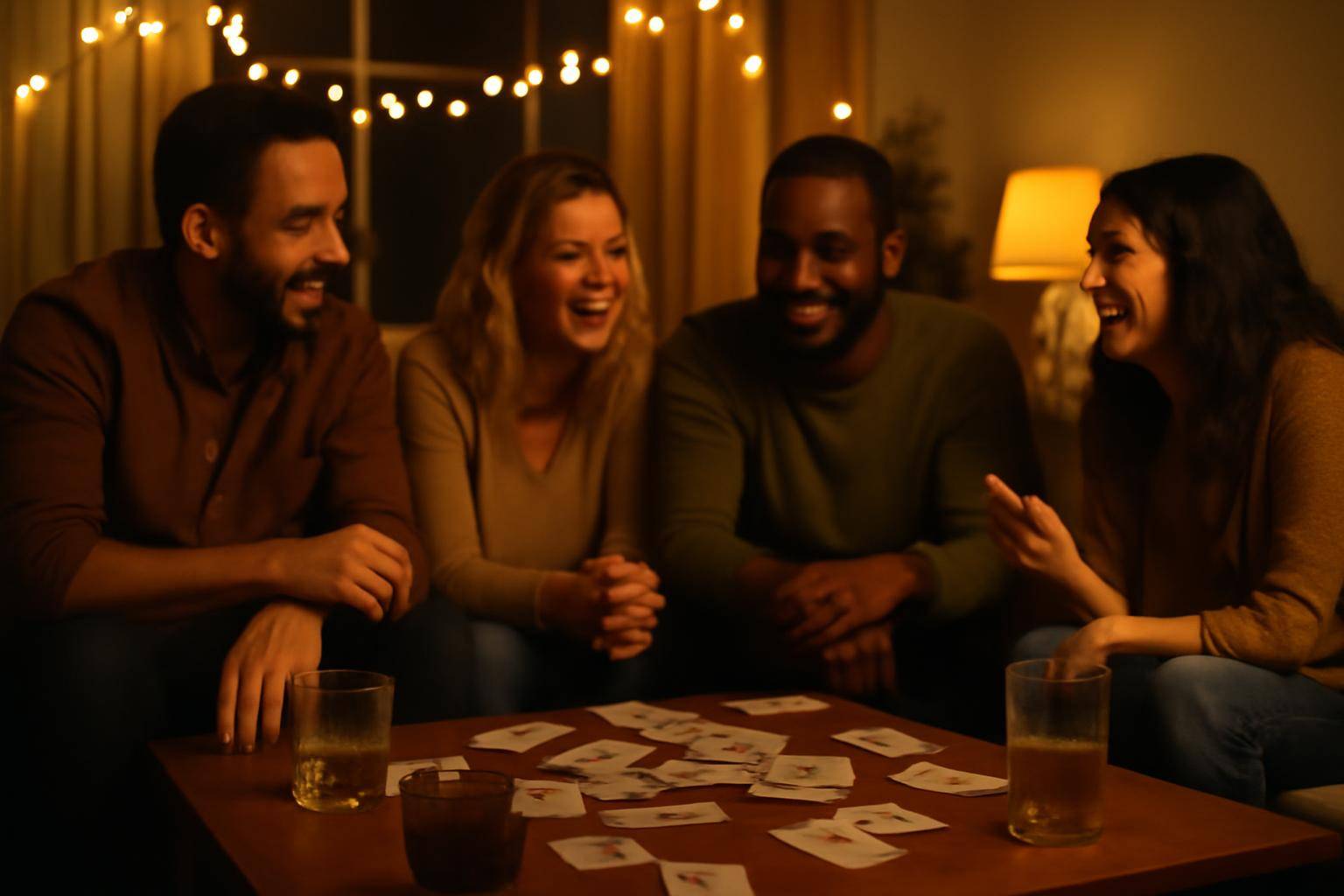 A living room coffee table with playing cards and drink glasses mid party game