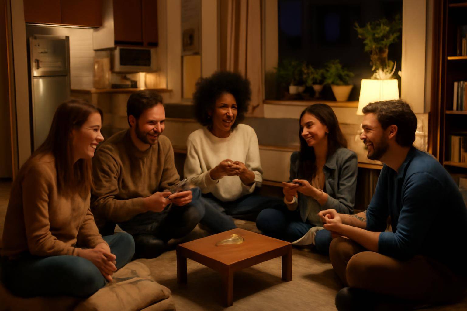 Friends sitting in a circle on a studio apartment floor playing a card-free party game by lamplight