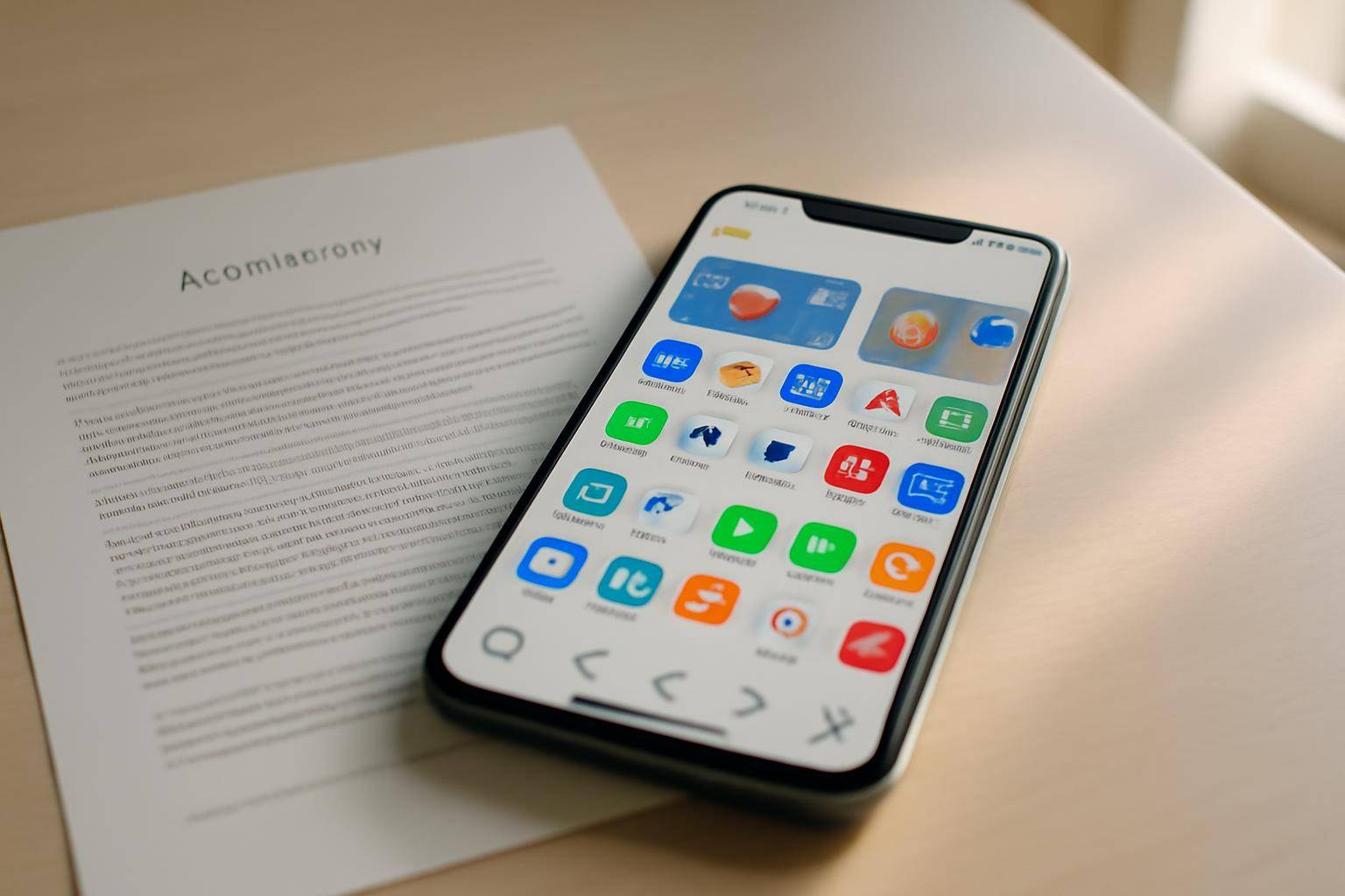 A smartphone displaying the App Store open next to a printed terms and agreements document on a desk