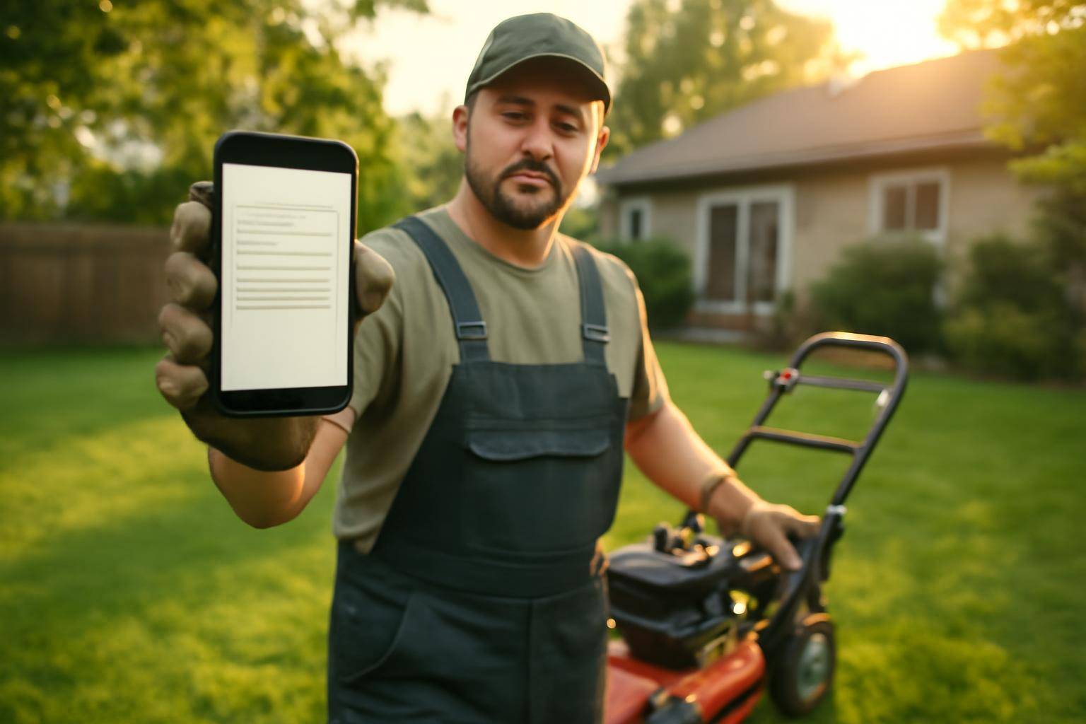 A landscaper standing beside a push mower holds up an iPhone showing an invoice screen
