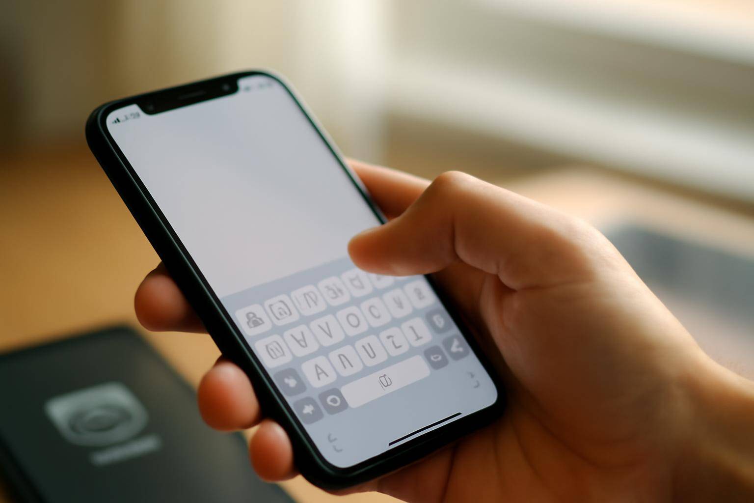 Close-up of a hand typing on an iPhone keyboard with the Settings app icon visible in the background