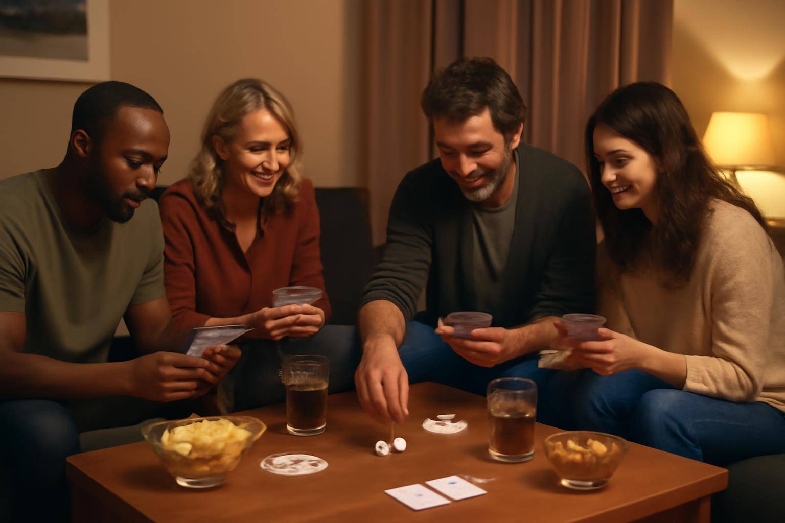 Adults gathered around a coffee table playing cards and rolling dice during an evening game night