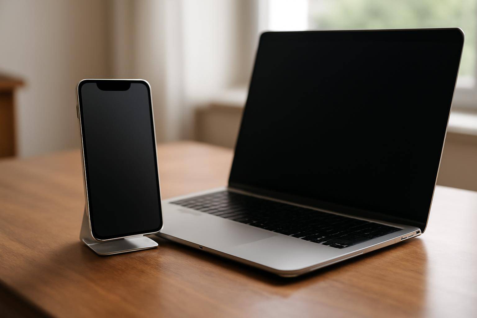 An iPhone propped upright beside a laptop keyboard on a wooden desk