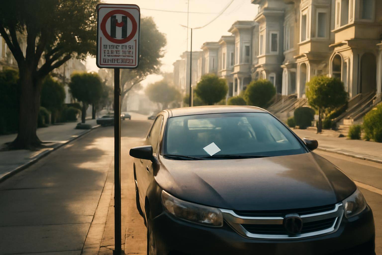 A citation tucked under a windshield wiper next to a posted street sweeping sign on a San Francisco residential block.
