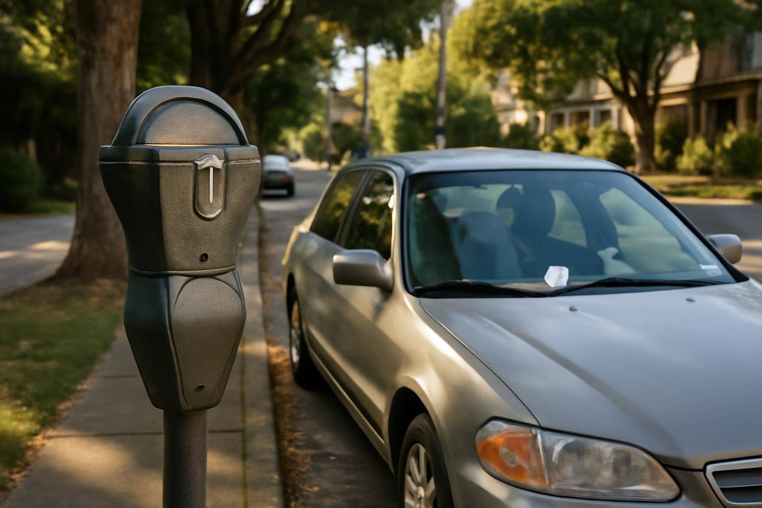 A parking meter on a residential Berkeley street next to a parked car with a ticket under the windshield wiper
