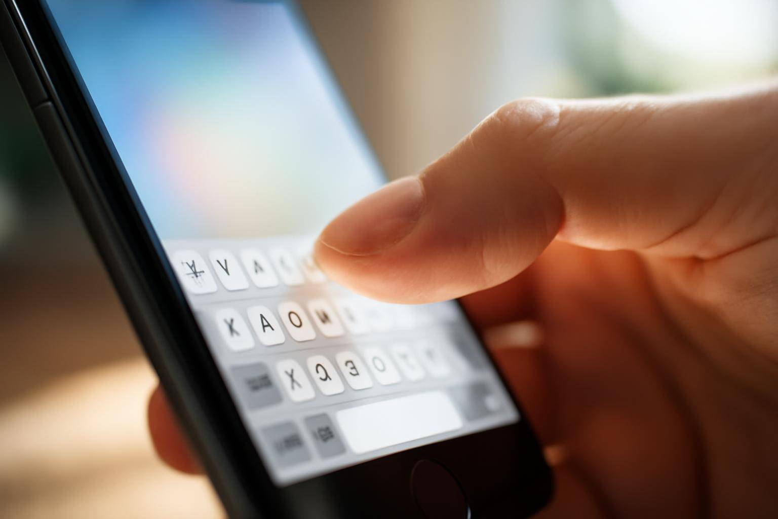 A thumb sliding across an iPhone's on-screen keyboard while typing a message