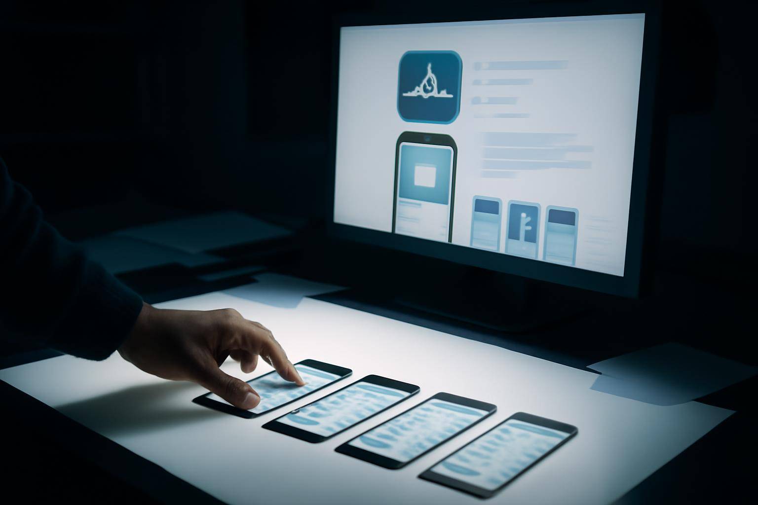 A hand arranging printed app screenshot cards on a light table next to a monitor showing an App Store listing draft