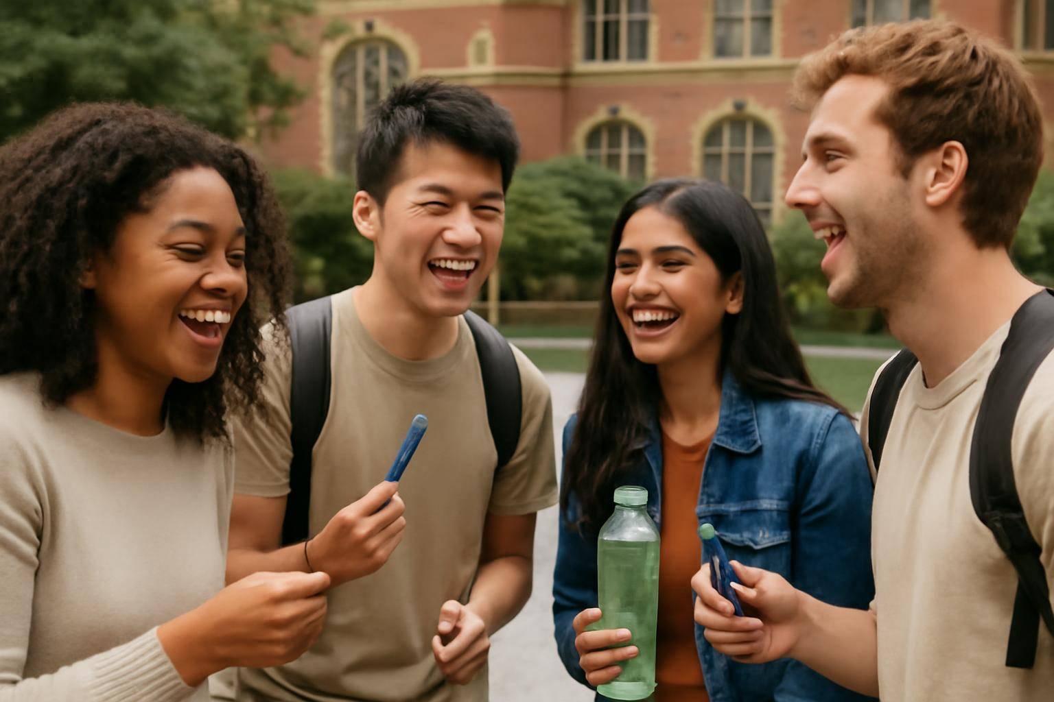 A circle of young adults from different backgrounds laughing together outdoors while holding small objects during a group icebreaker activity