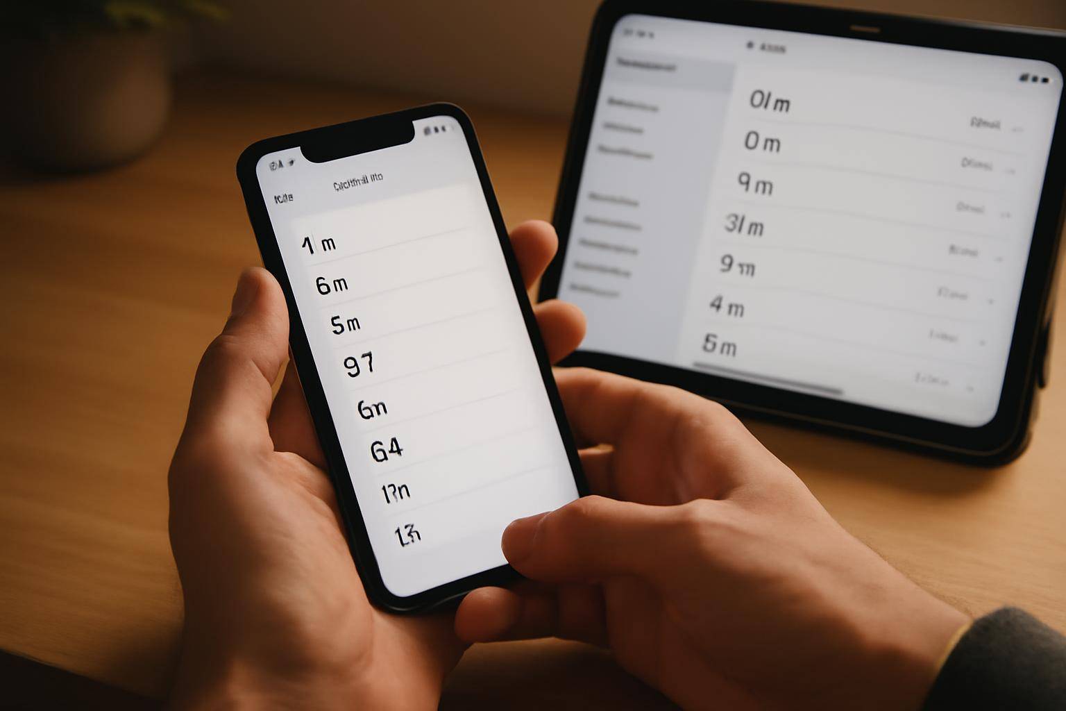 Hands holding an iPhone showing a font selection screen next to an iPad with the Adobe Creative Cloud app open