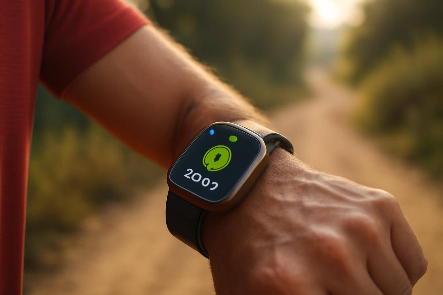 Runner glancing at a dark, notification-free Apple Watch screen mid-stride on a paved trail