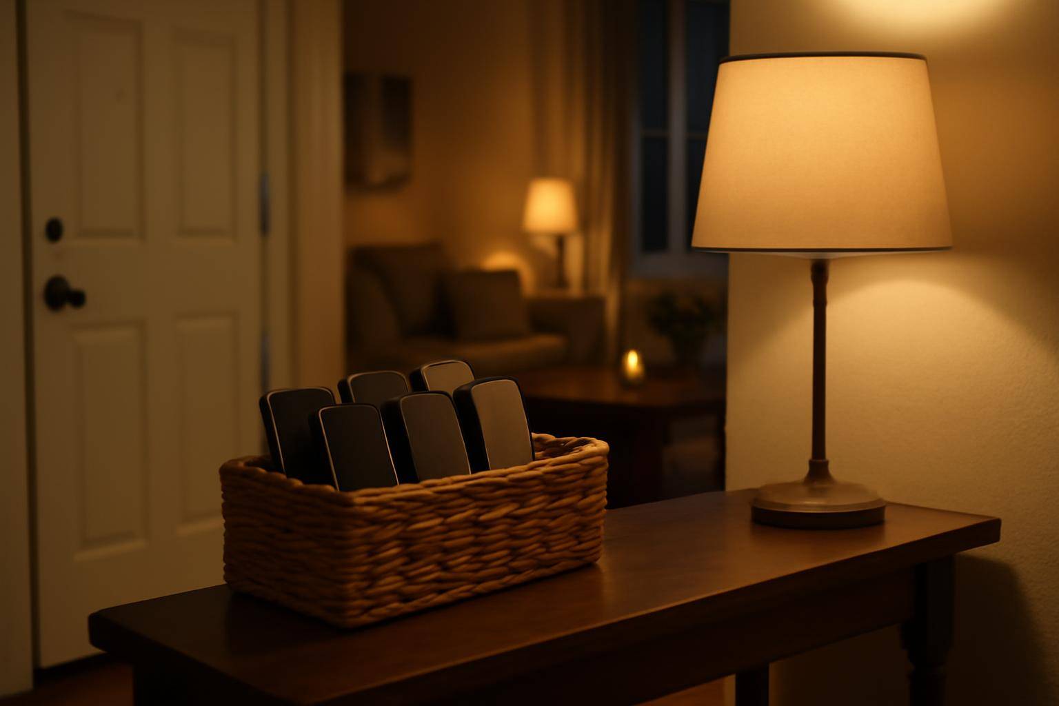 A small wicker basket filled with smartphones sits on an entryway table beside a warmly lit living room where a card game is spread out on a coffee table