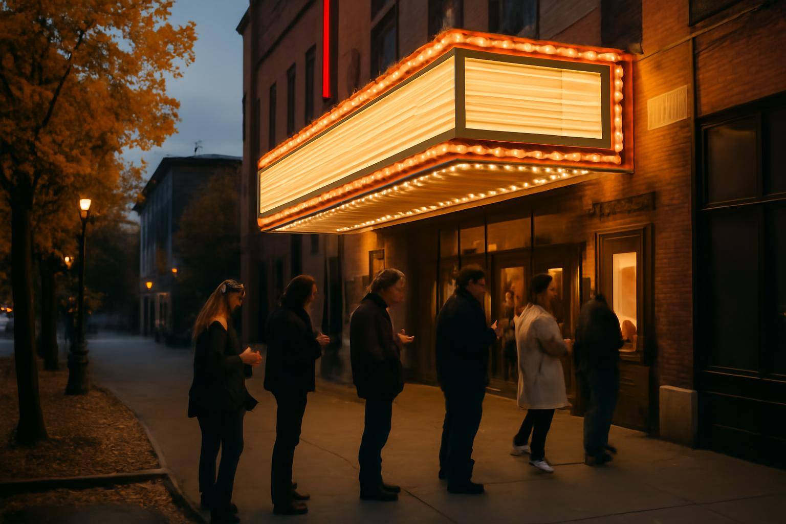 A mid-size theater marquee lit at dusk with a short line of concertgoers waiting outside