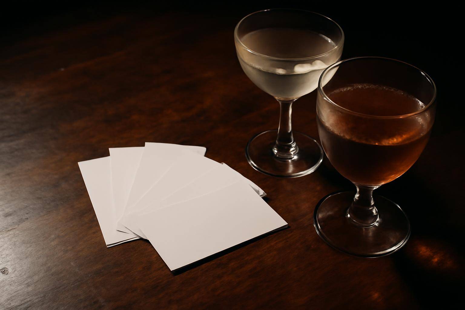 Fanned deck of printed question cards beside two half-filled drink glasses on a dark wood bar table