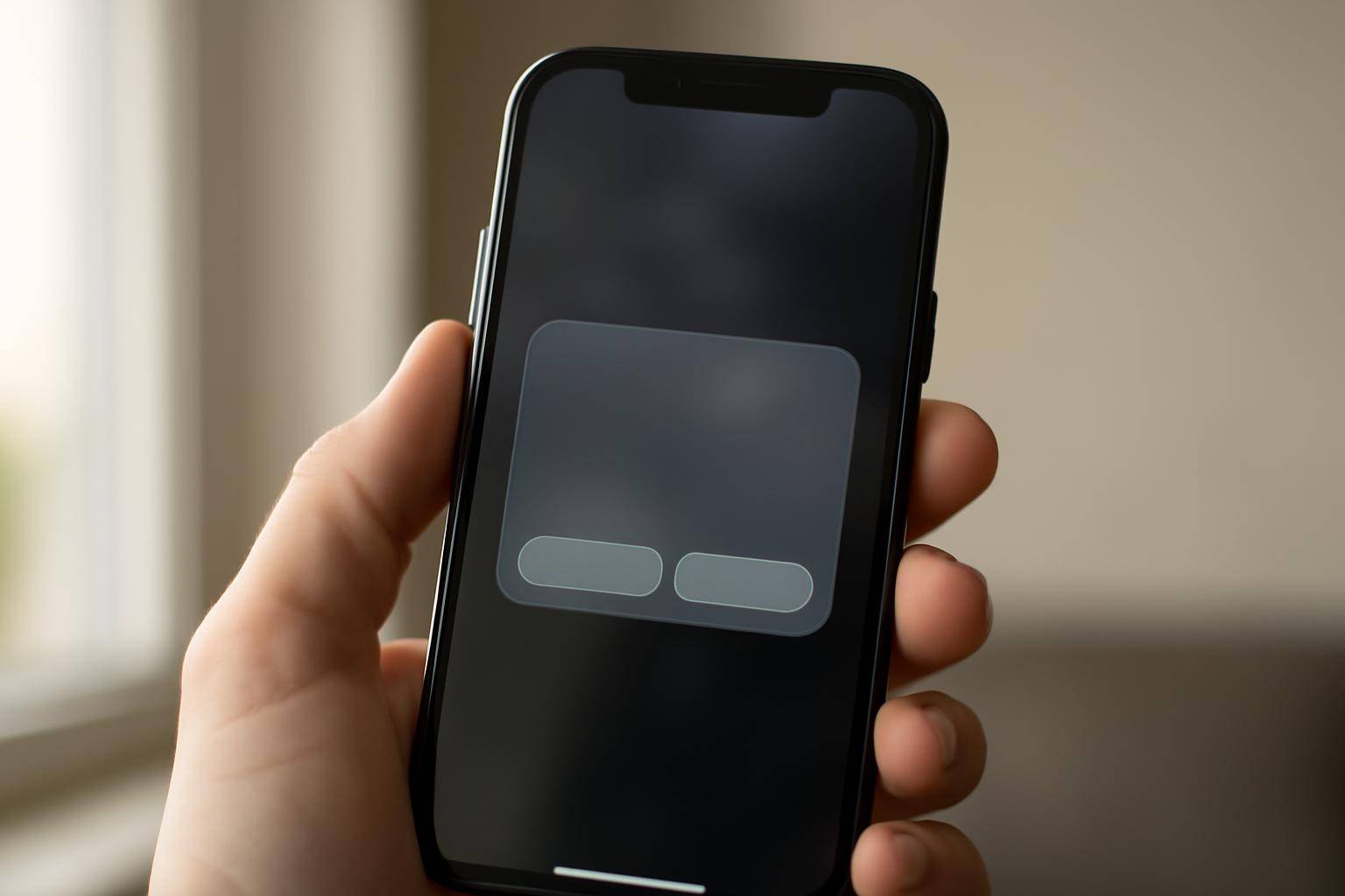 A hand holding an iPhone displaying a translucent permission dialog with Allow and Don't Allow buttons