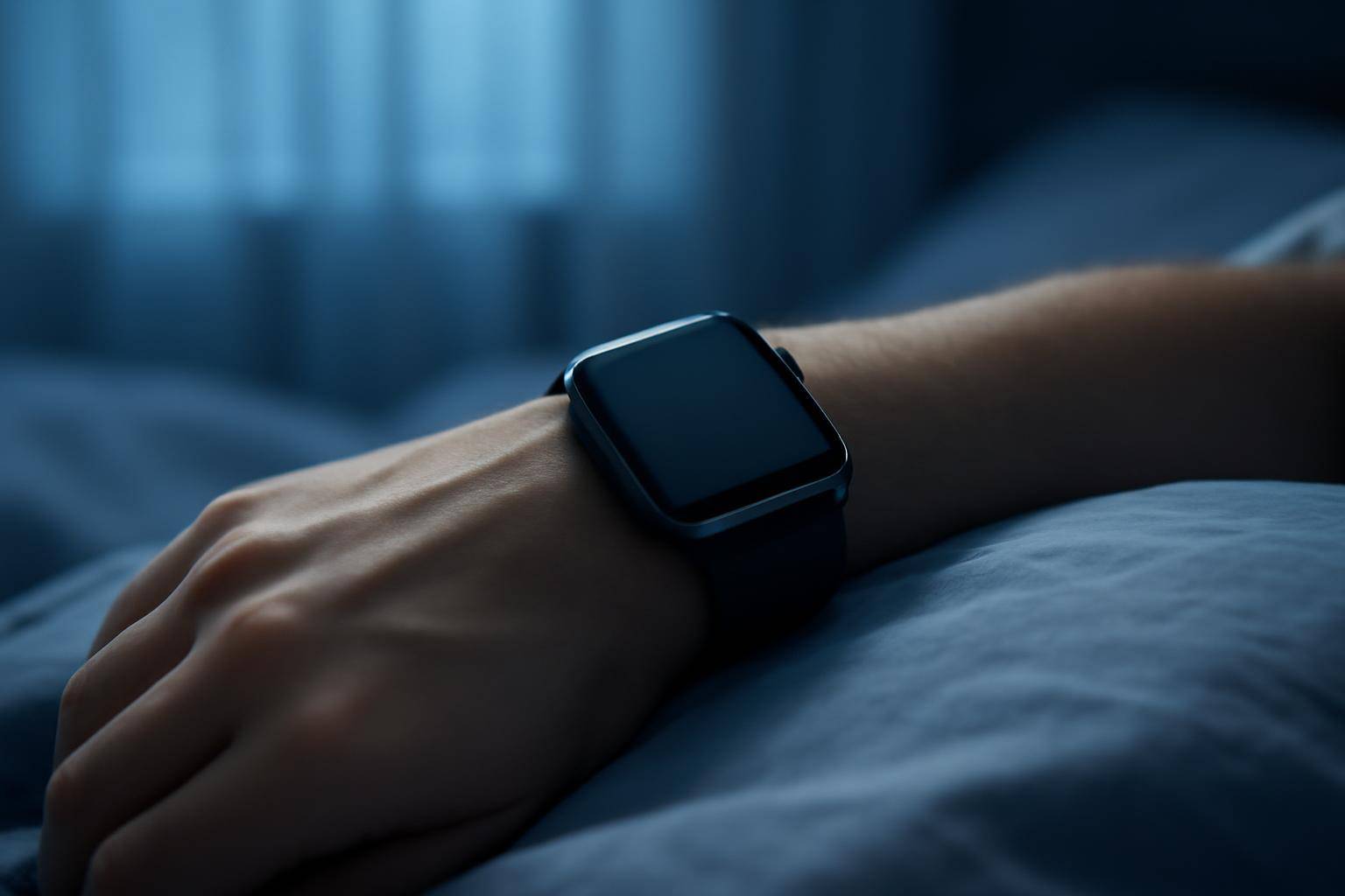 A smartwatch strapped to a wrist resting on a pillow in dim early-morning bedroom light