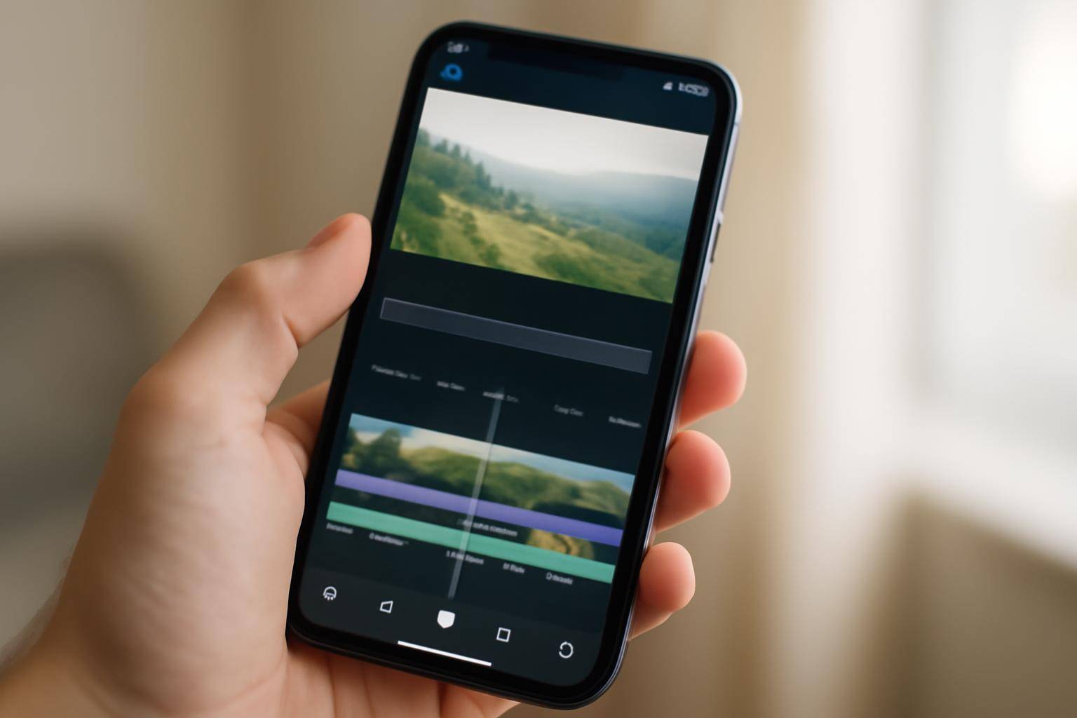 Smartphone screen showing a video editing timeline with auto-generated captions overlaid on a clip