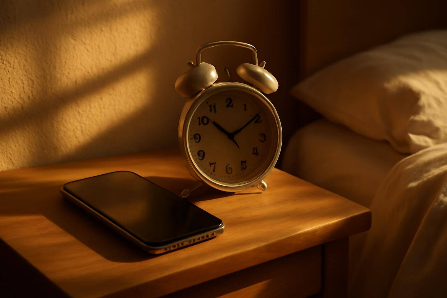 An iPhone lying face up on a nightstand beside a small battery-powered alarm clock in a sunlit bedroom.