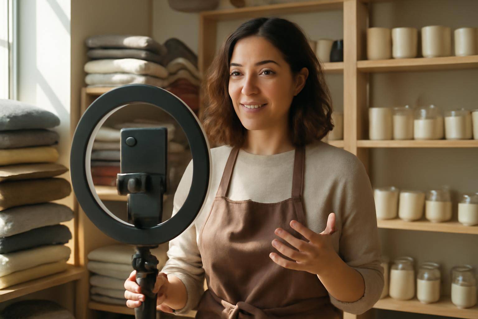 A boutique shop owner filming a vertical video on a tripod-mounted phone surrounded by product shelves.