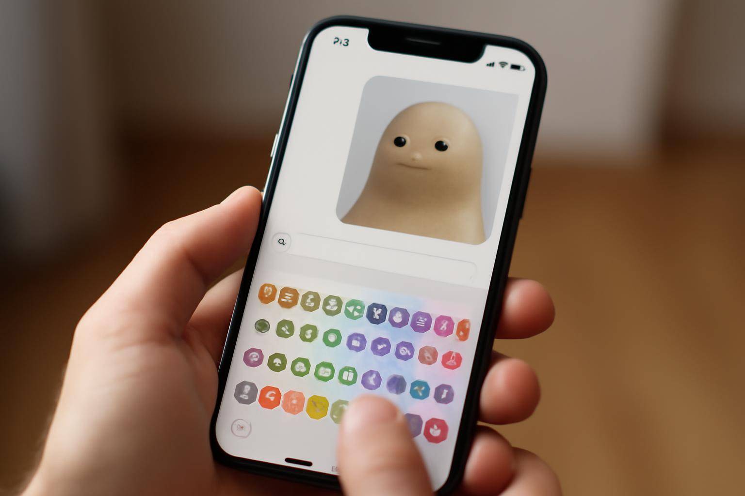 A hand holding an iPhone with a styled meme caption being typed into a messaging app keyboard