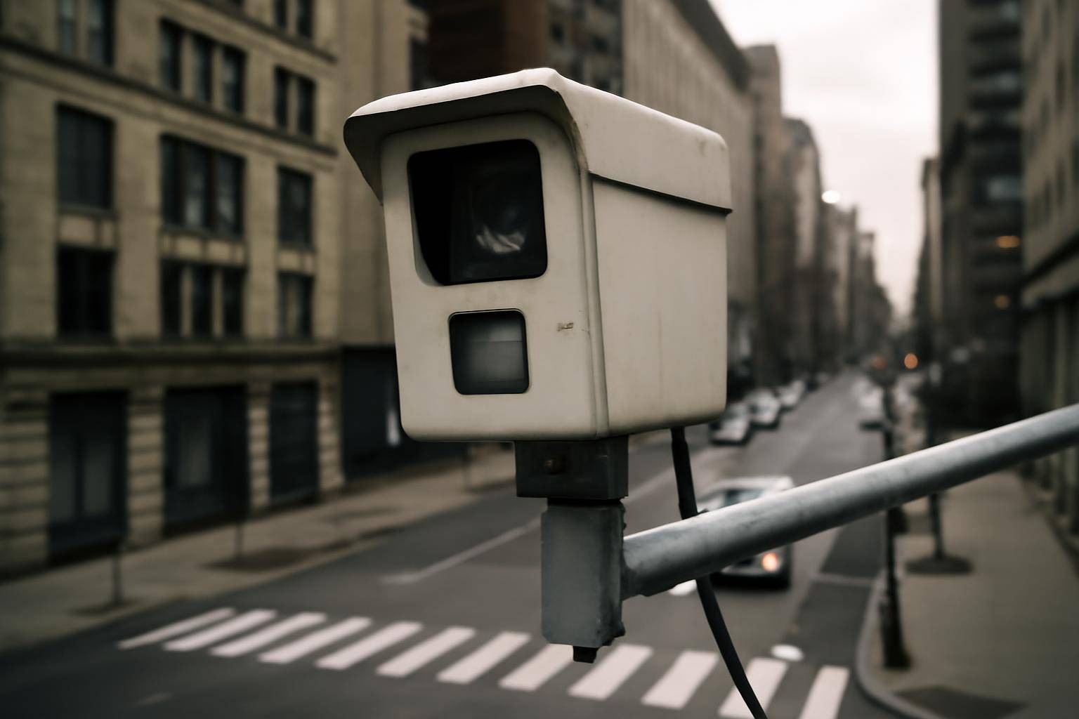 A fixed speed enforcement camera mounted on a pole above a San Francisco city street