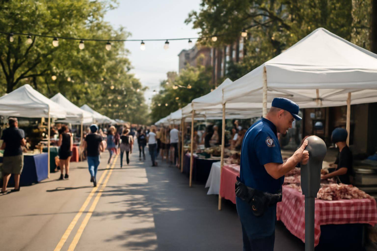 Pop-up food stalls line a closed city block in San Francisco where parked cars have been replaced by vendor tents.