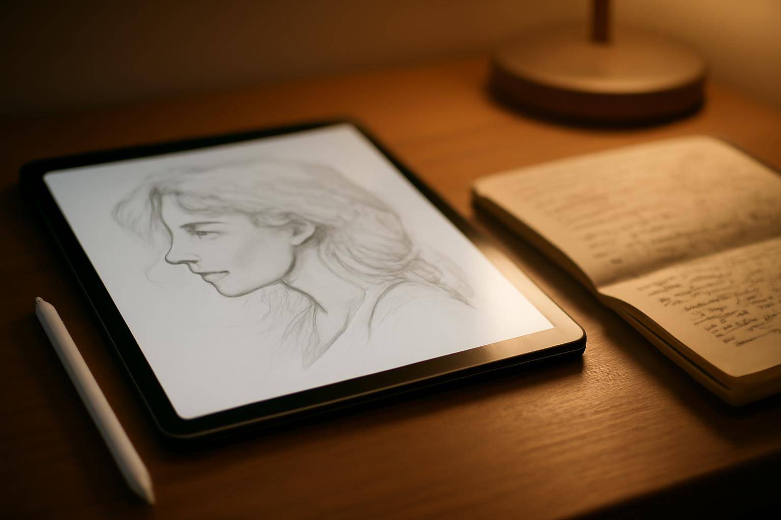 A slim stylus resting beside a half-finished sketch on a tablet screen next to a handwritten notebook