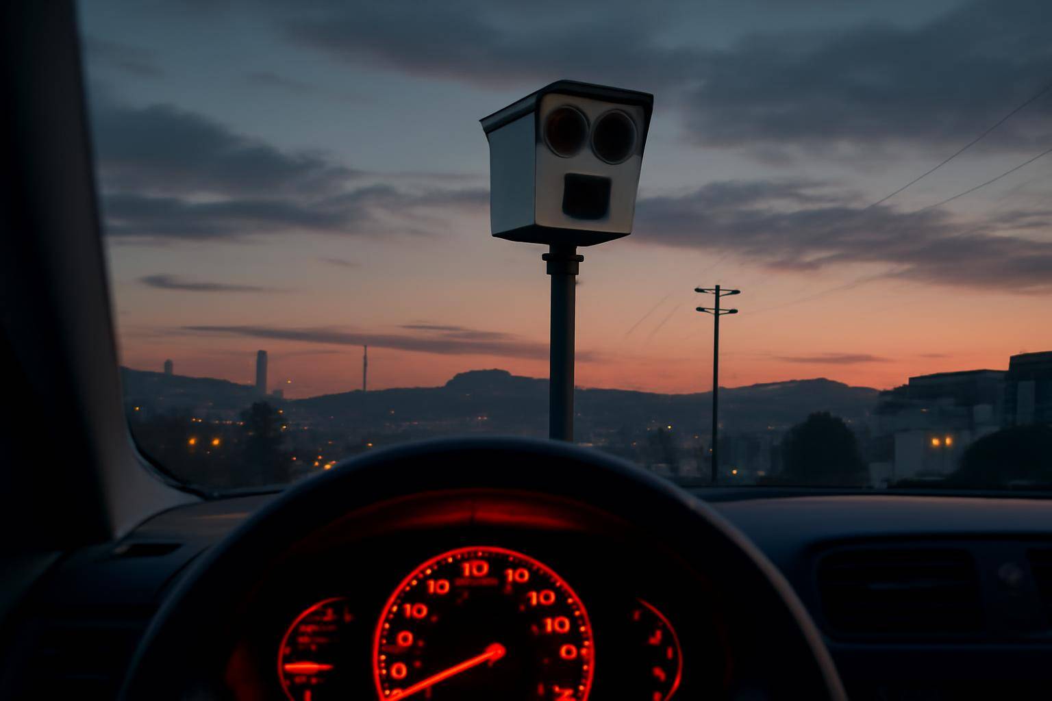 A speed camera mounted above a San Francisco street with a car's dashboard speedometer visible in the foreground.