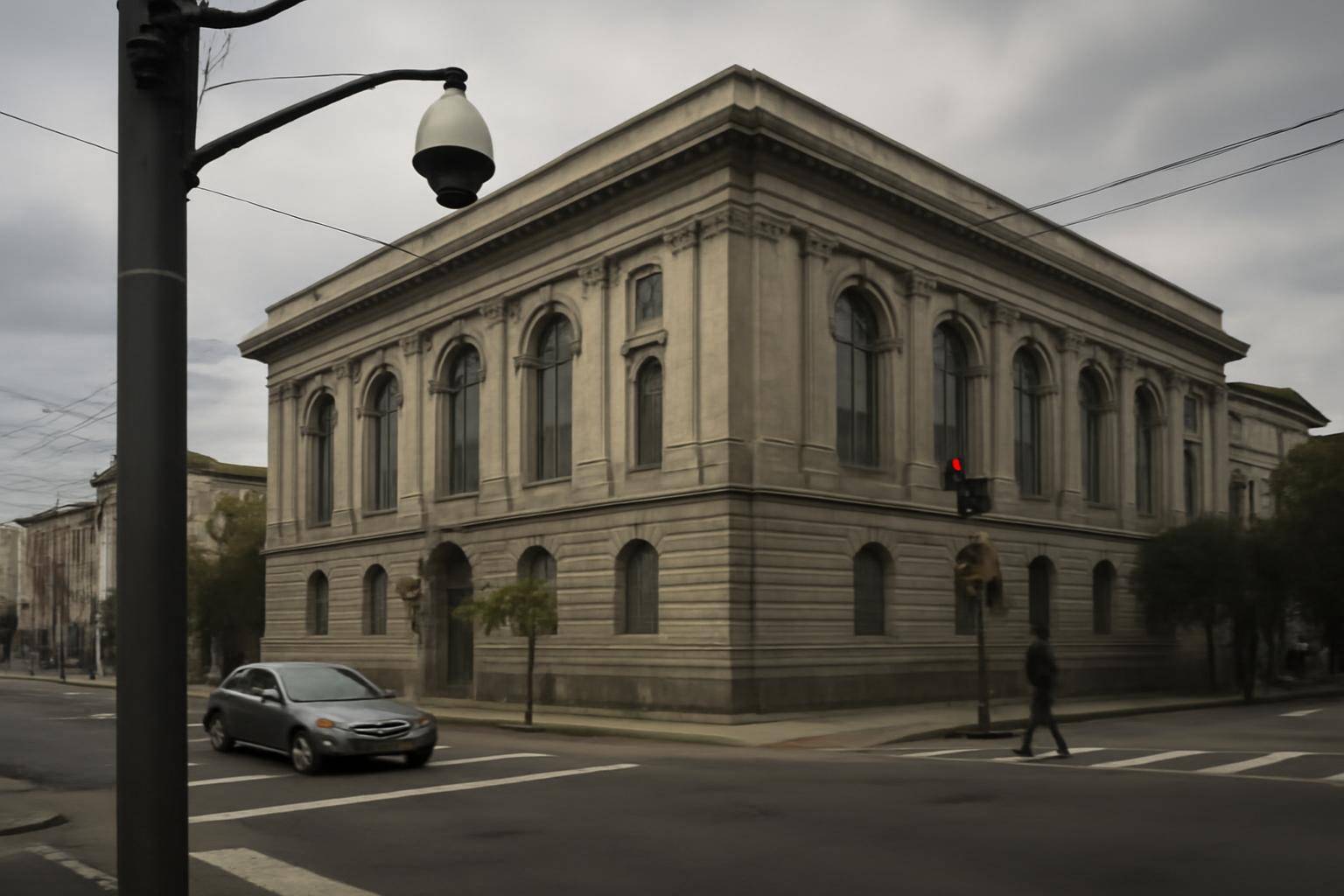 A city street corner with a mounted surveillance camera above a municipal building entrance in San Francisco