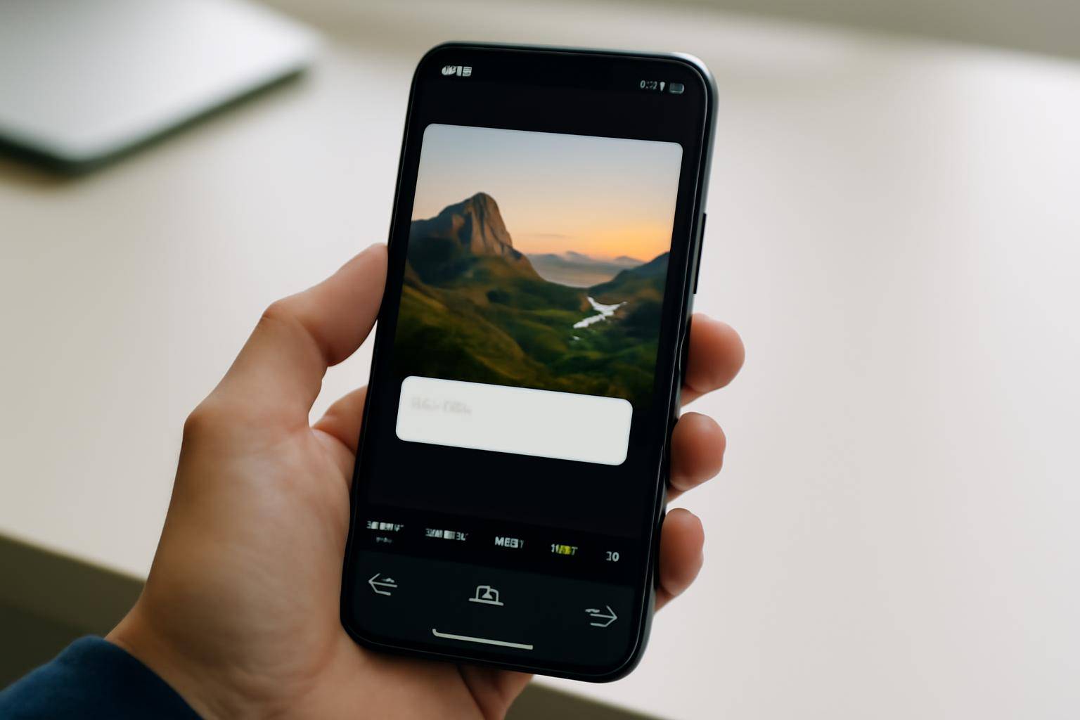 Close-up of an iPhone screen showing a photo with a caption text box being edited in the Photos app