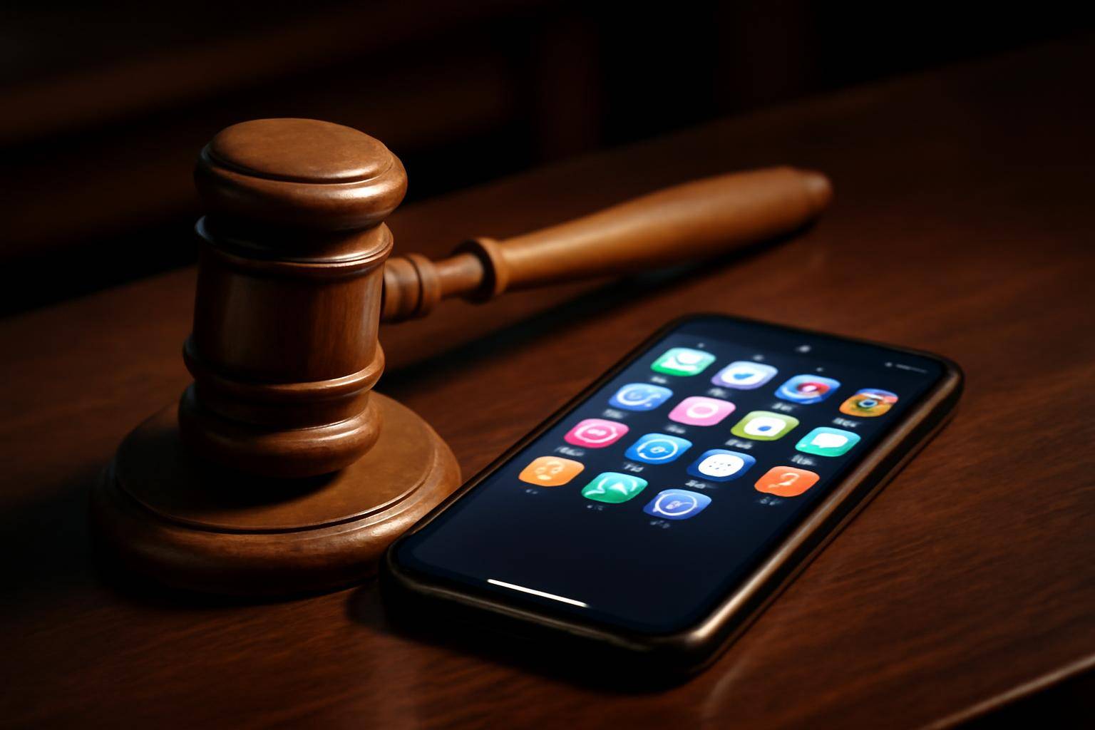 A courtroom gavel resting on a smartphone displaying an app store icon grid