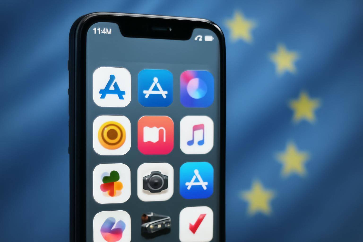 App icons arranged on an iPhone home screen with a storefront percentage symbol overlay