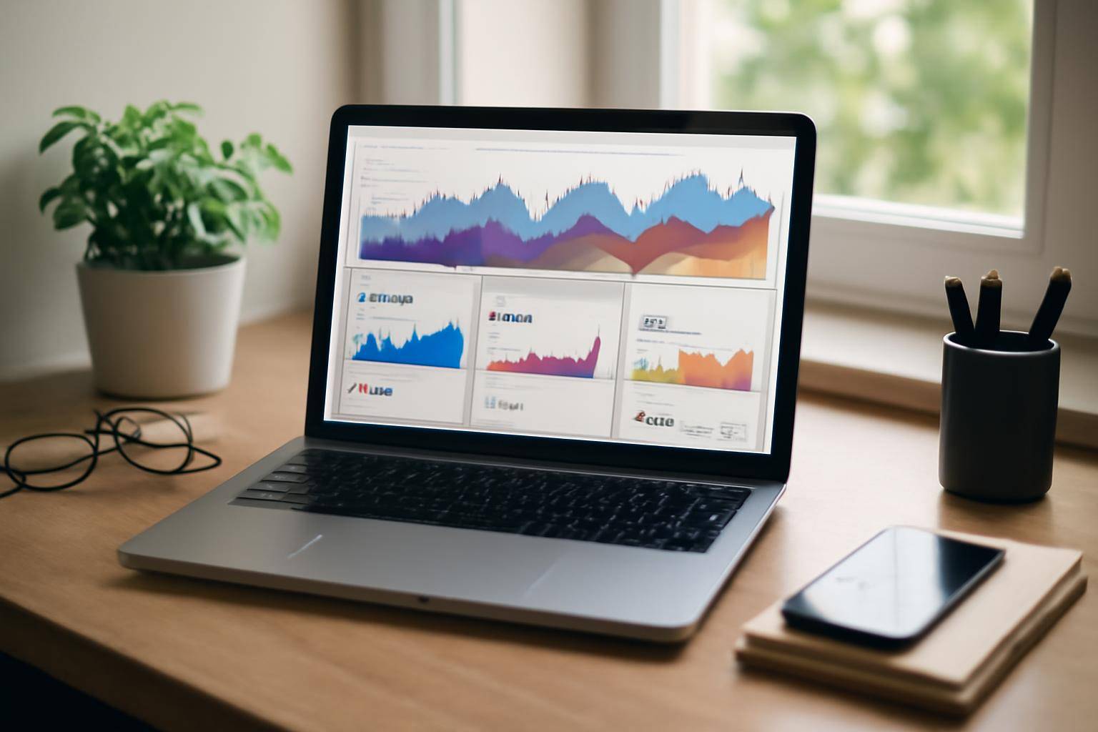 A laptop on a studio desk displaying an app analytics dashboard with multiple metric charts