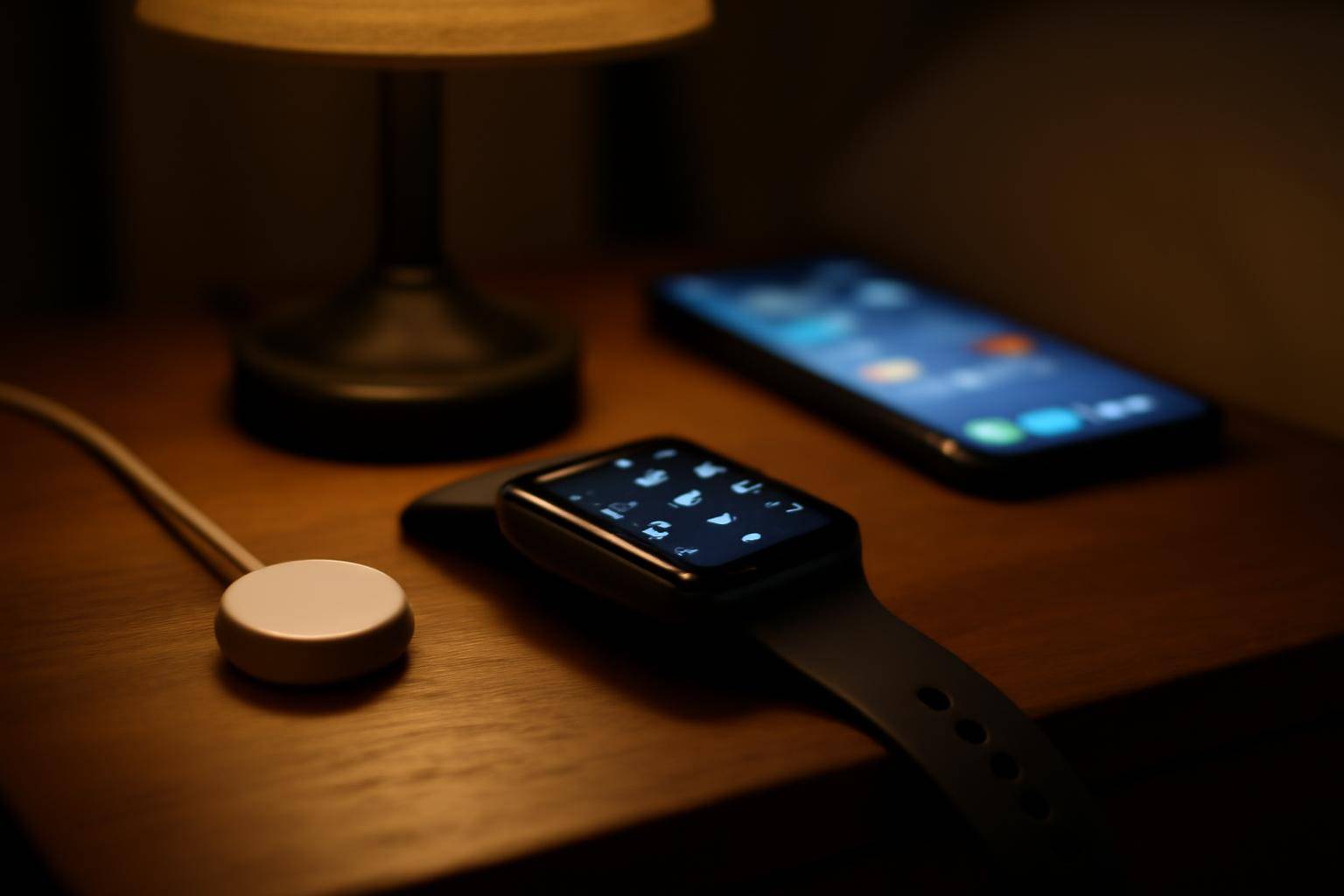 Apple Watch resting face-up on a nightstand beside a charging cable and a dimly lit iPhone