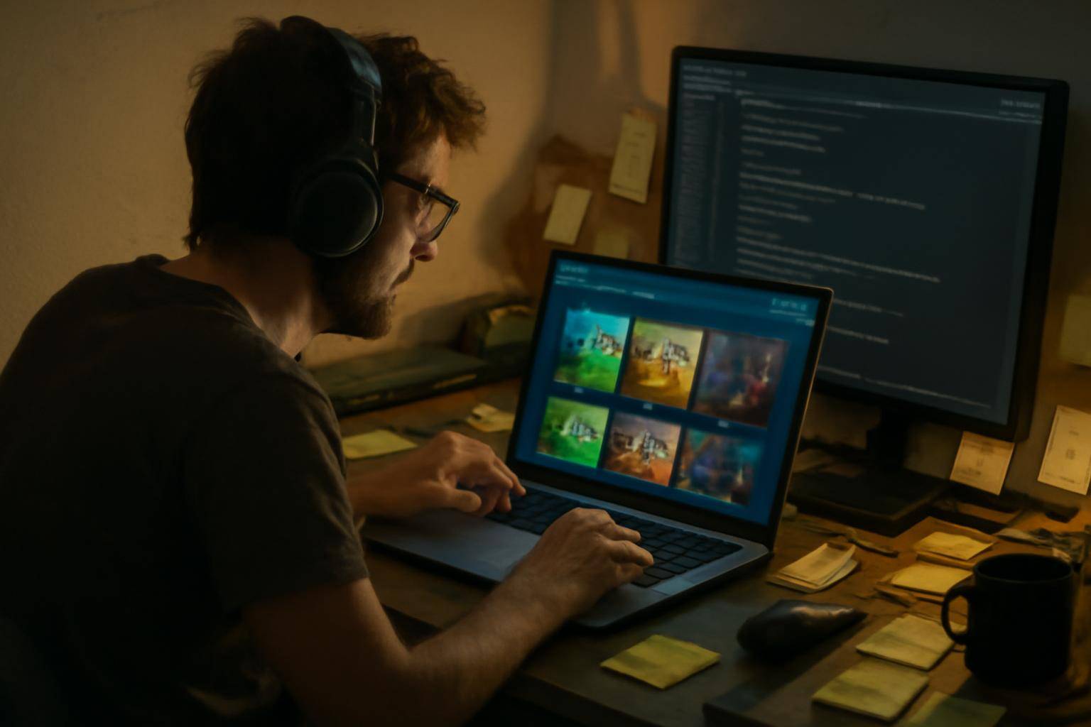 A solo developer at a cluttered home desk looking at a laptop showing an underperforming game's store page with low wishlist numbers