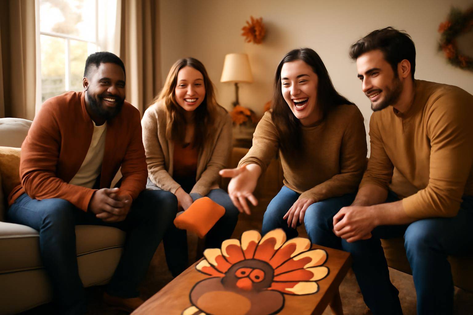 Friends tossing a beanbag toward a basket during a Friendsgiving party game