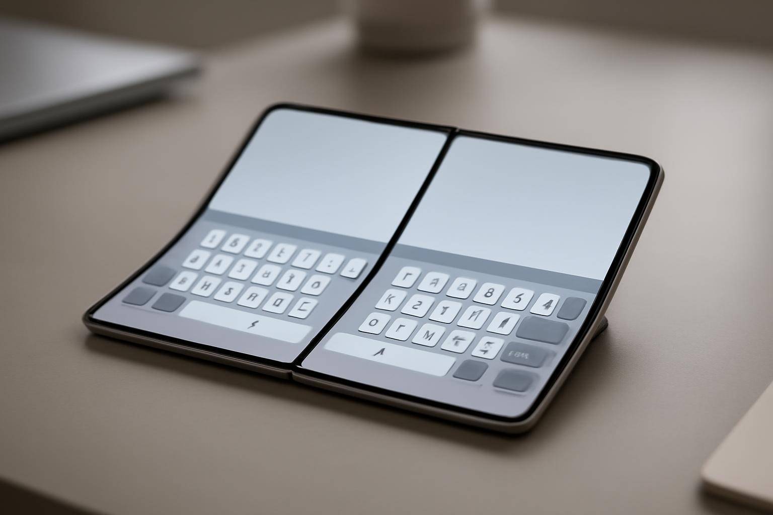 A folded smartphone displaying a split on-screen keyboard split across two halves of an unfolded book-style screen