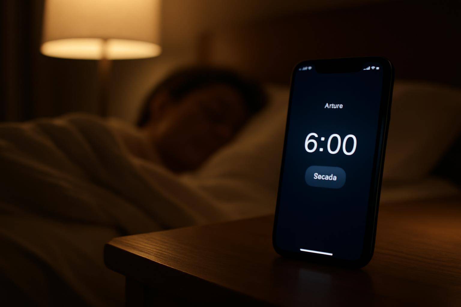 An iPhone lying on a nightstand with its alarm screen lit while a person sleeps soundly beside it