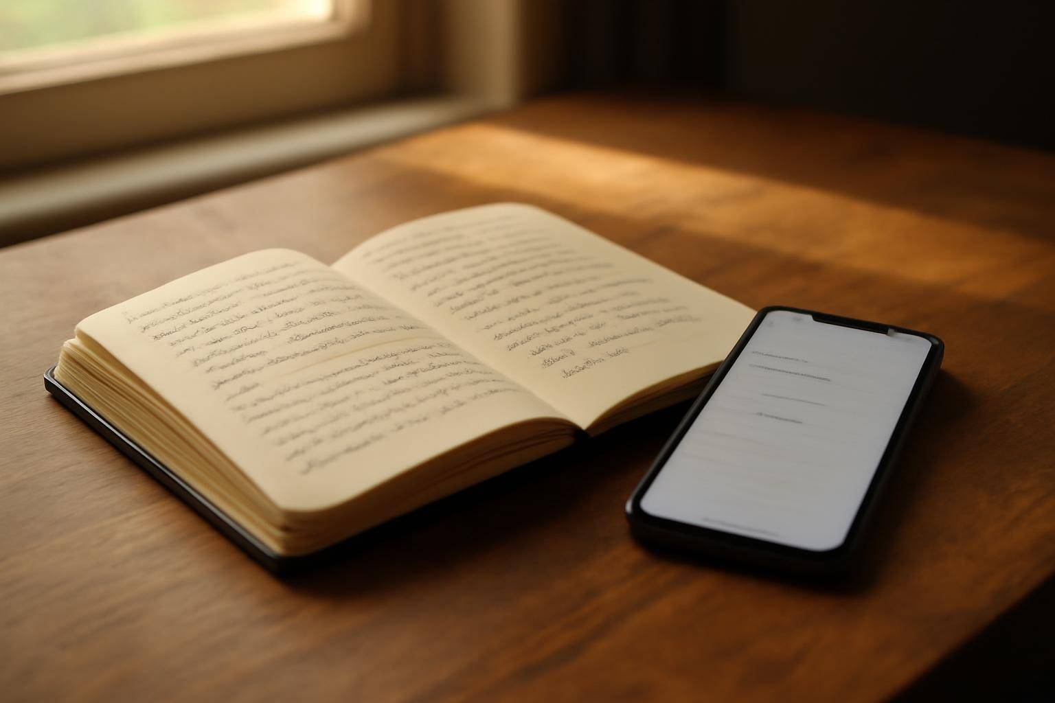 A handwritten notebook page of quotes next to a phone showing a notes app