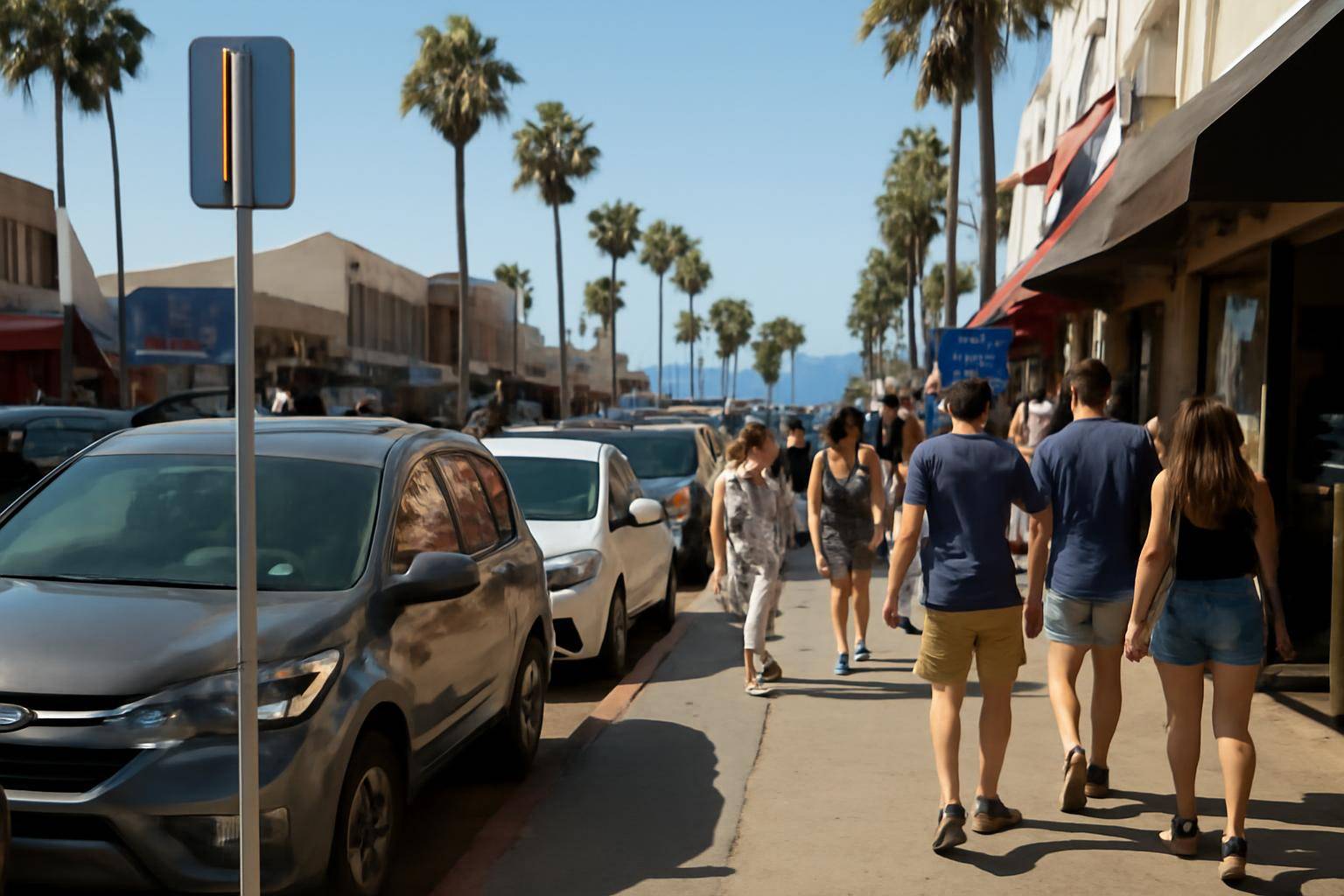 Rows of parked cars along a sunny coastal street near a crowded tourist landmark in San Diego