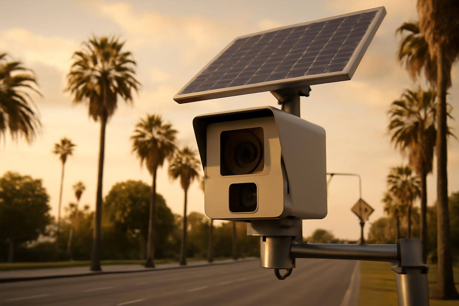 An automated speed camera mounted on a pole above a Los Angeles street with a school zone sign nearby