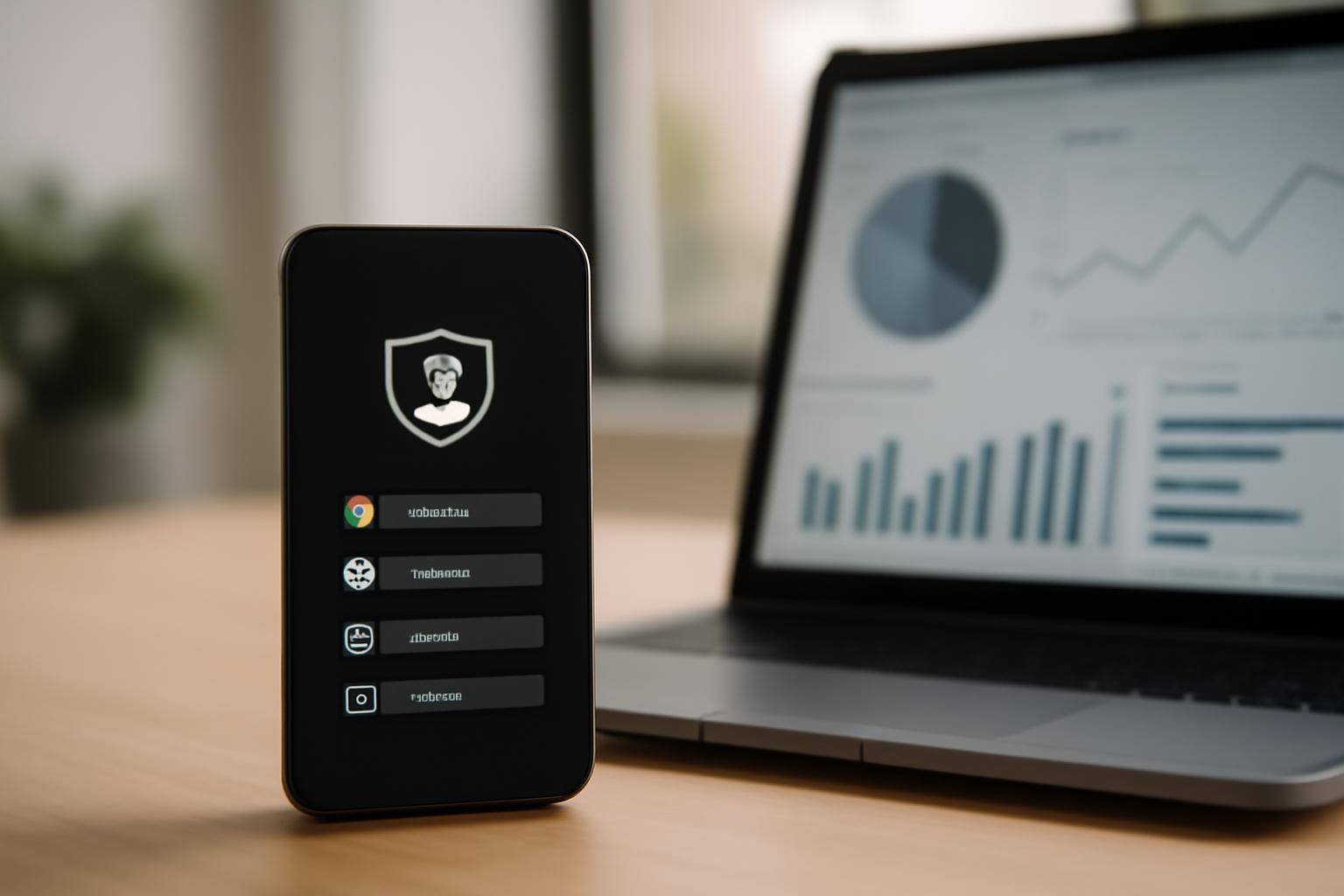 An iPhone displaying iOS privacy settings sits next to a laptop showing a digital advertising dashboard