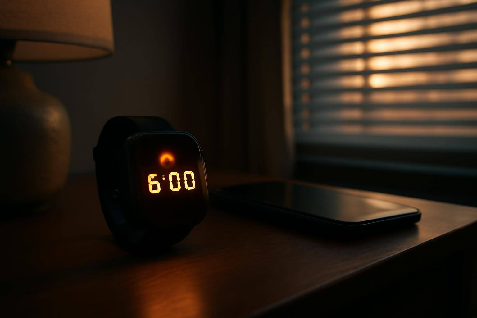 An Apple Watch showing an alarm screen on a nightstand beside a dark, locked iPhone